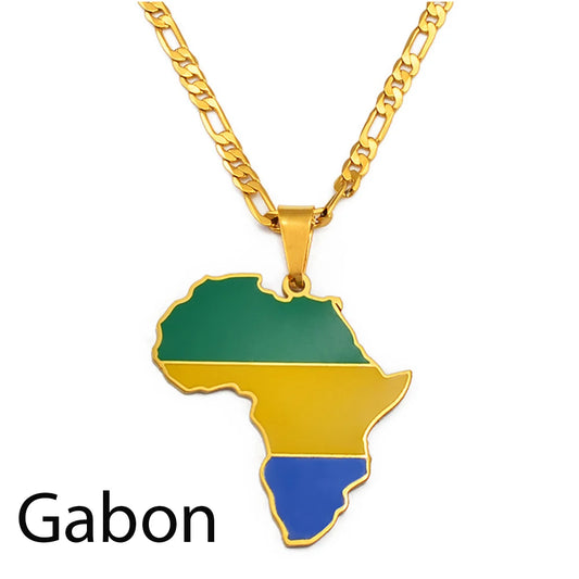 đ Collier + pendentif carte de lâAfrique au couleurs des drapeaux du Cap-Vert et du Gabon en Acier Inoxydable et Cuivre