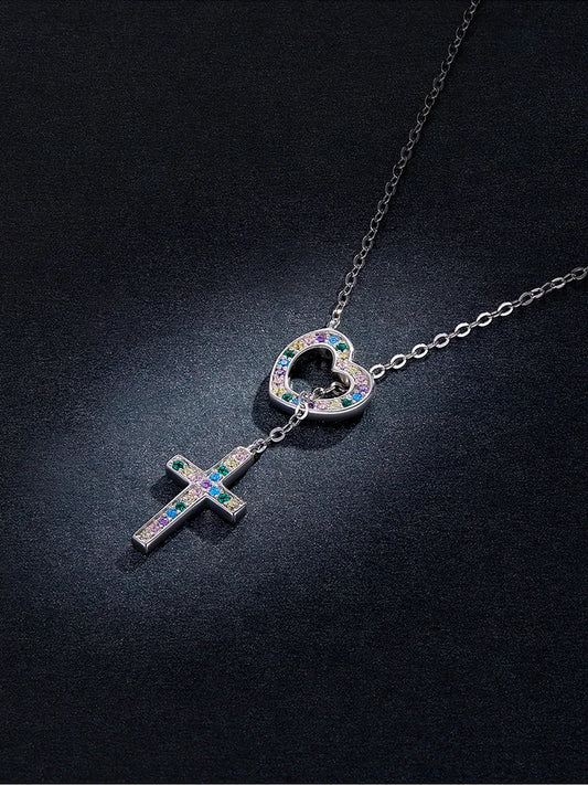 ✨✝️ Collier Chaîne + Pendentif Croix Diamant – Acier Inoxydable Argent