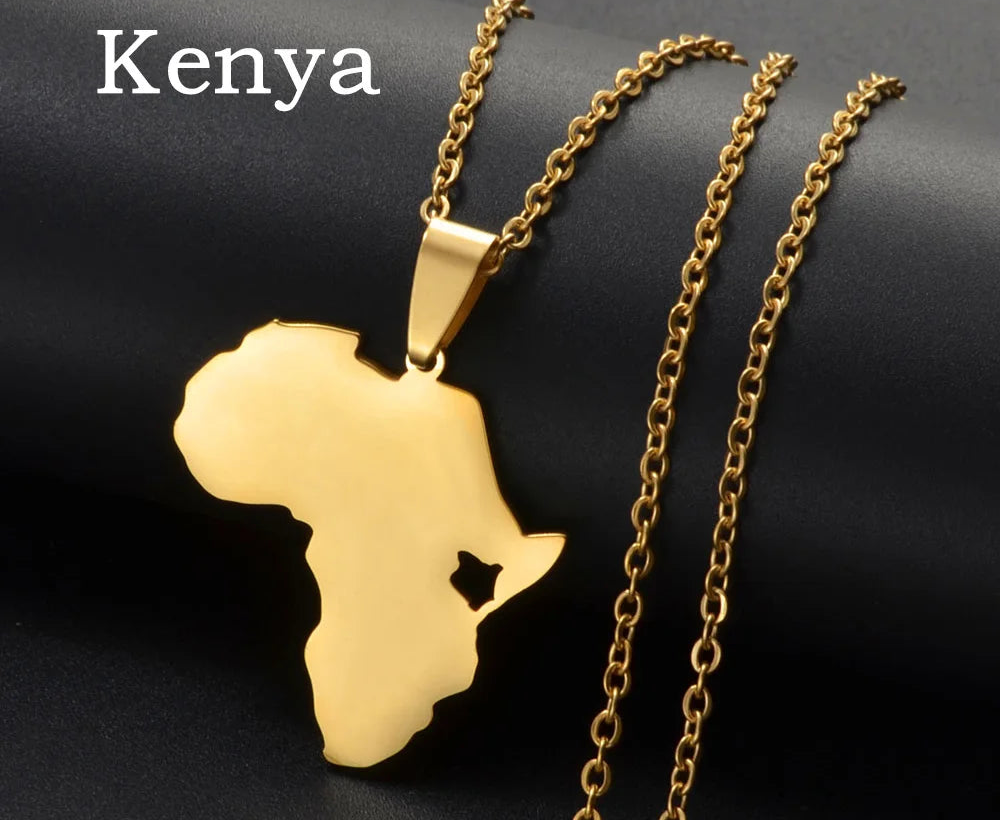 ✨🌍 Collier Chaîne en Acier Inoxydable – Pendentif Carte d’Afrique avec pays Kenya, Egypte, Libye et Zambie