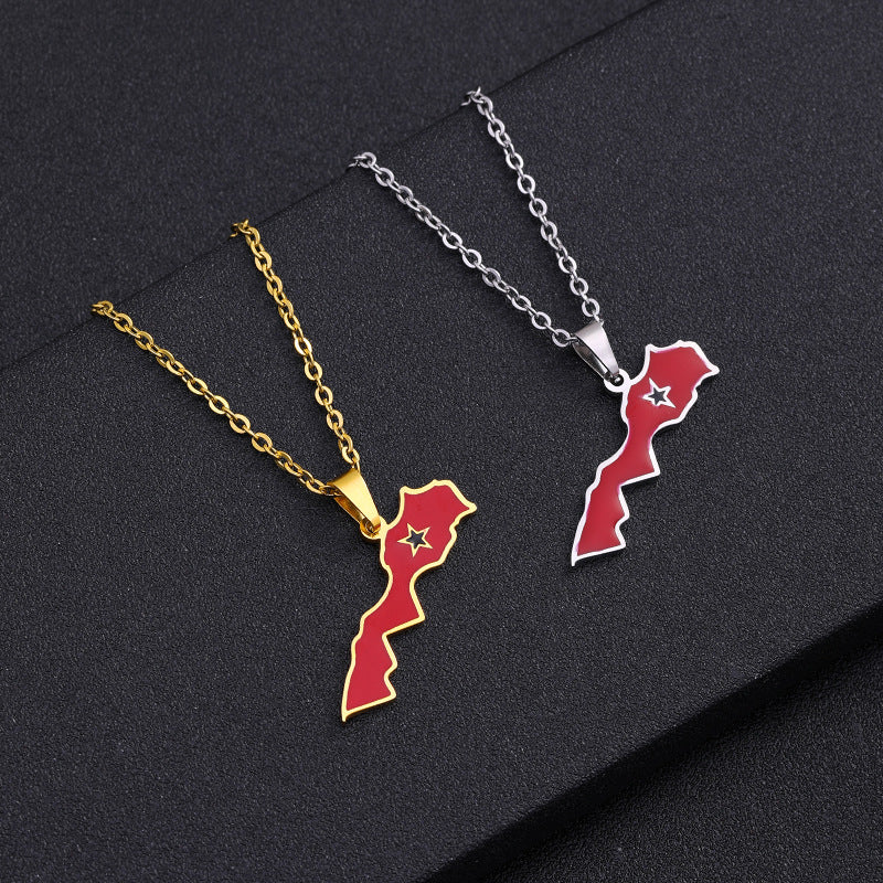 ✨🇲🇦 Collier Chaîne + Pendentif Maroc en  Acier Inoxydable aux Couleurs du Drapeau
