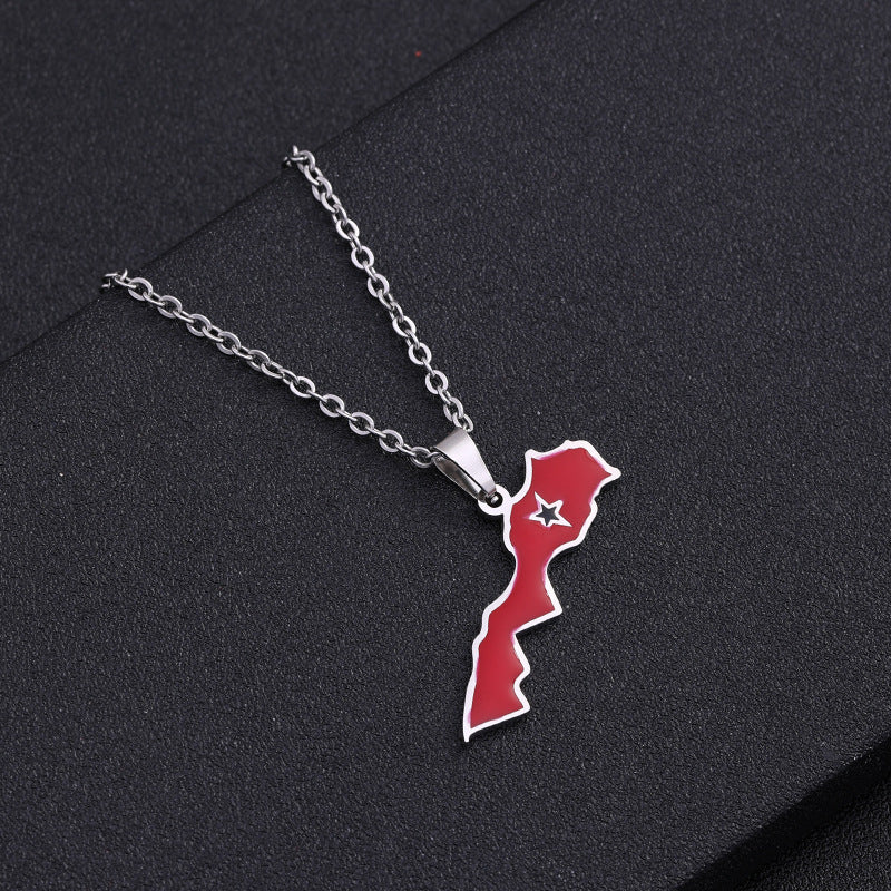✨🇲🇦 Collier Chaîne + Pendentif Maroc en  Acier Inoxydable aux Couleurs du Drapeau