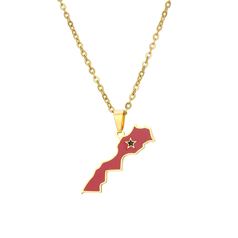 ✨🇲🇦 Collier Chaîne + Pendentif Maroc en  Acier Inoxydable aux Couleurs du Drapeau
