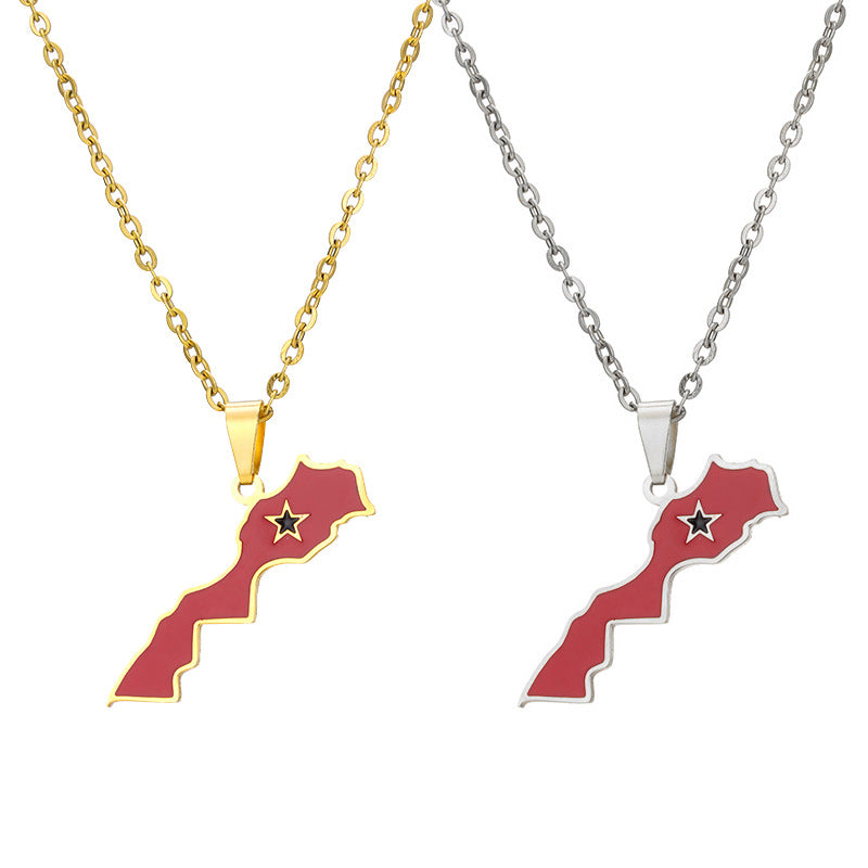 ✨🇲🇦 Collier Chaîne + Pendentif Maroc en  Acier Inoxydable aux Couleurs du Drapeau