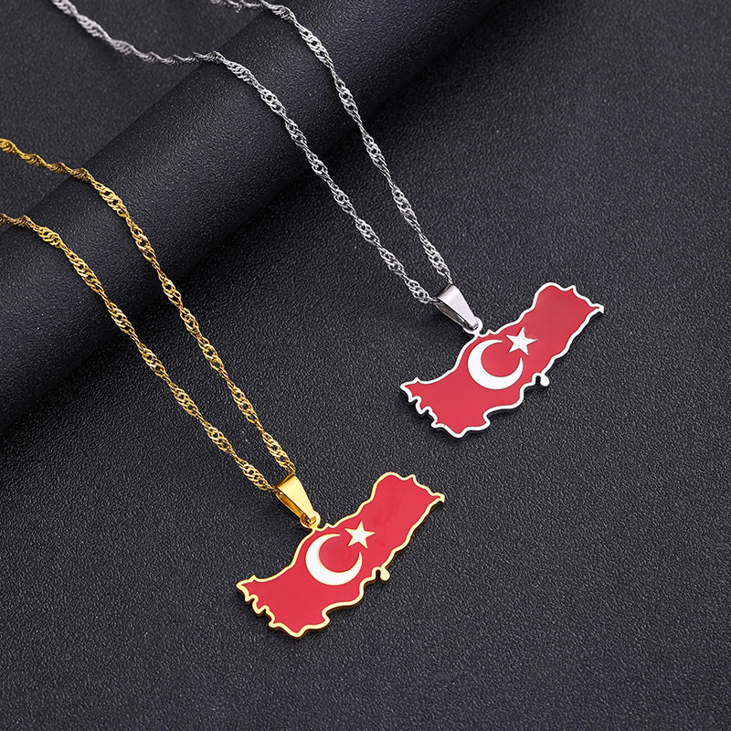 ✨🇹🇷 Collier Chaîne + Pendentif Turquie – Acier Inoxydable aux Couleurs du Drapeau