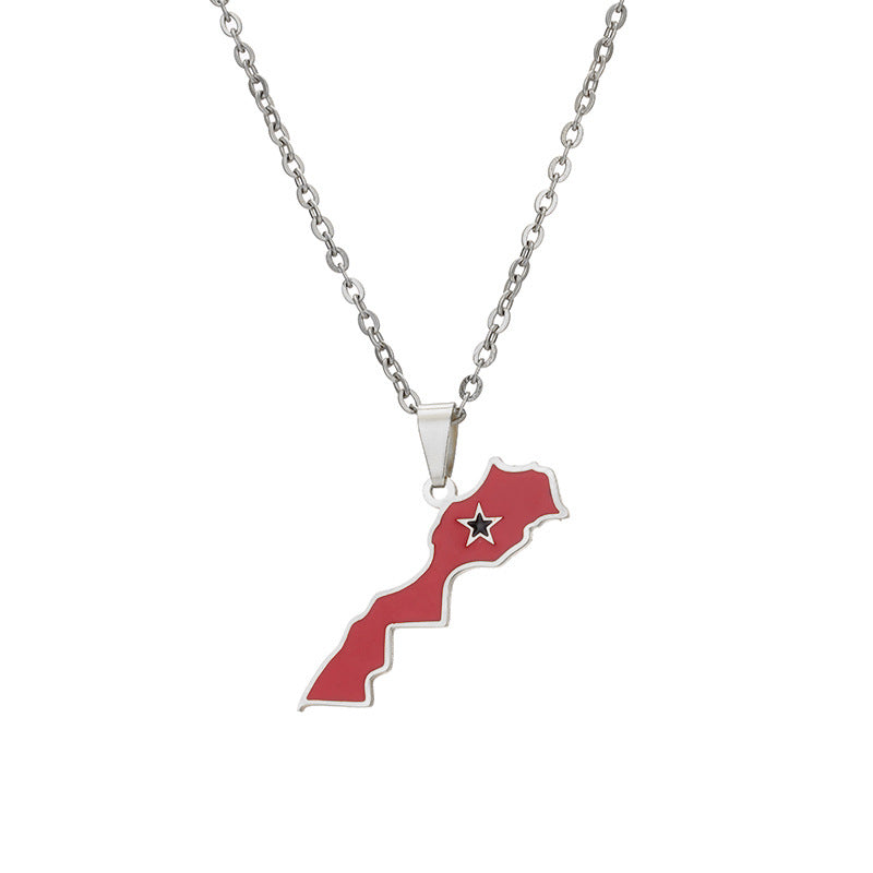 ✨🇲🇦 Collier Chaîne + Pendentif Maroc en  Acier Inoxydable aux Couleurs du Drapeau