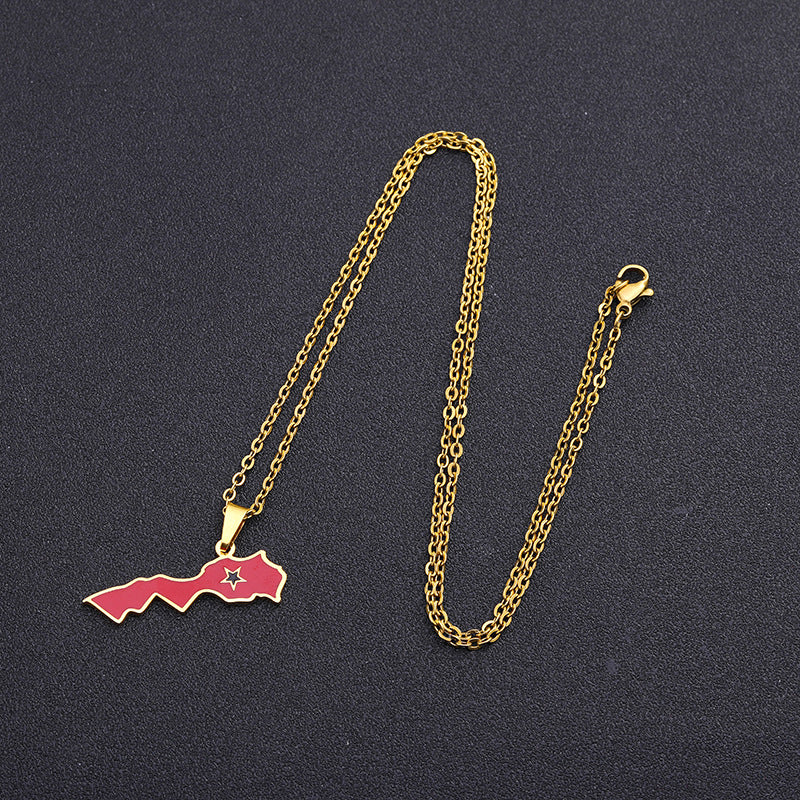 ✨🇲🇦 Collier Chaîne + Pendentif Maroc en  Acier Inoxydable aux Couleurs du Drapeau