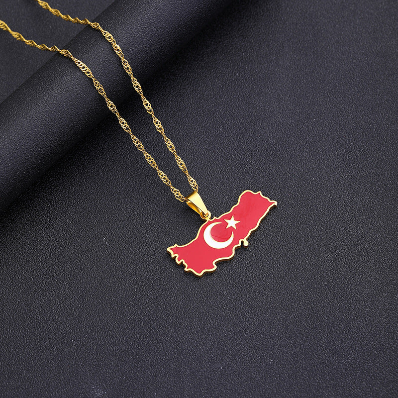 ✨🇹🇷 Collier Chaîne + Pendentif Turquie – Acier Inoxydable aux Couleurs du Drapeau