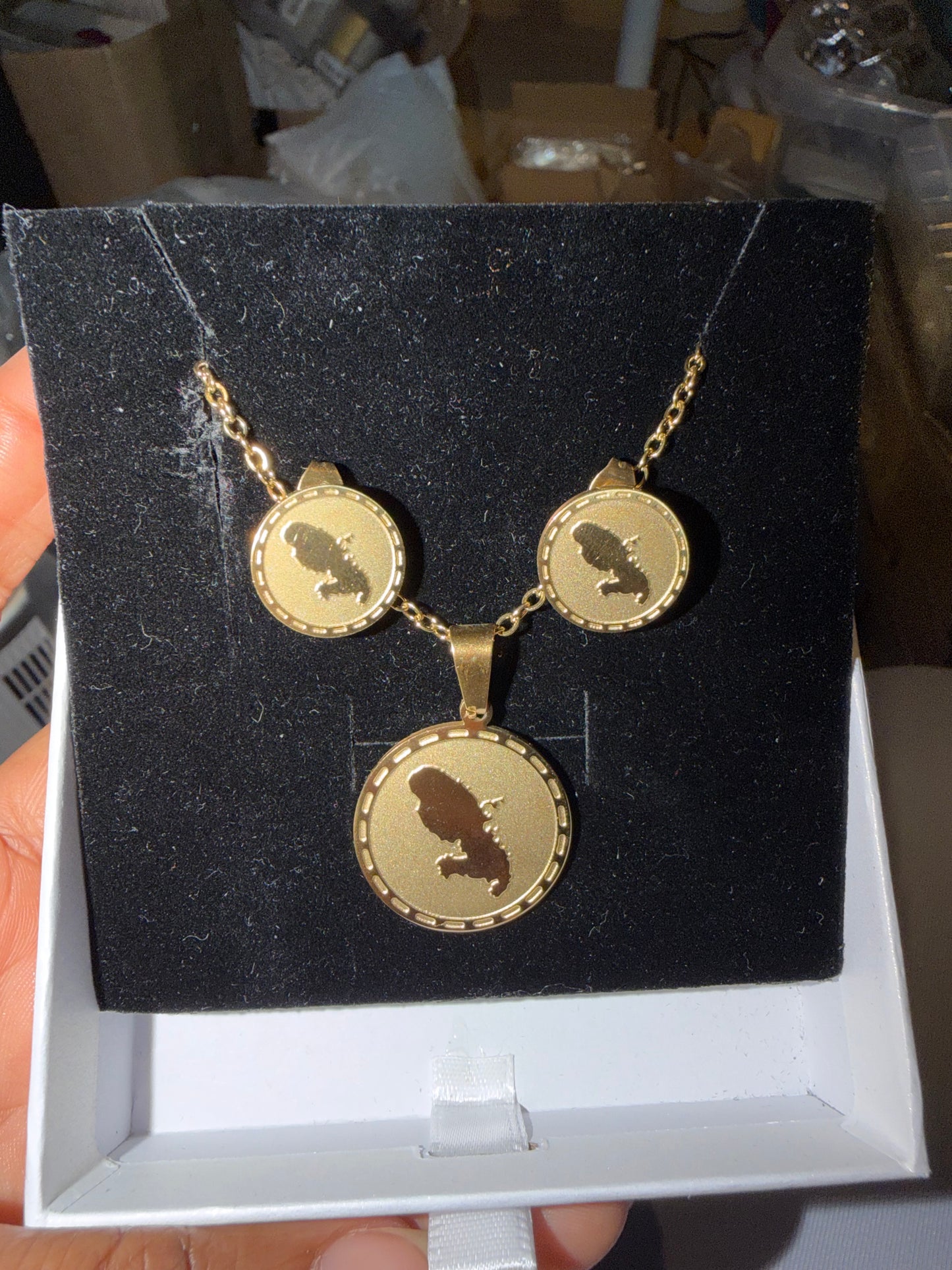 ✨ Ensemble de Parure Bijoux en Acier Inoxydable – Collier + Boucles d’Oreilles coffret « Pièce » Caraïbes