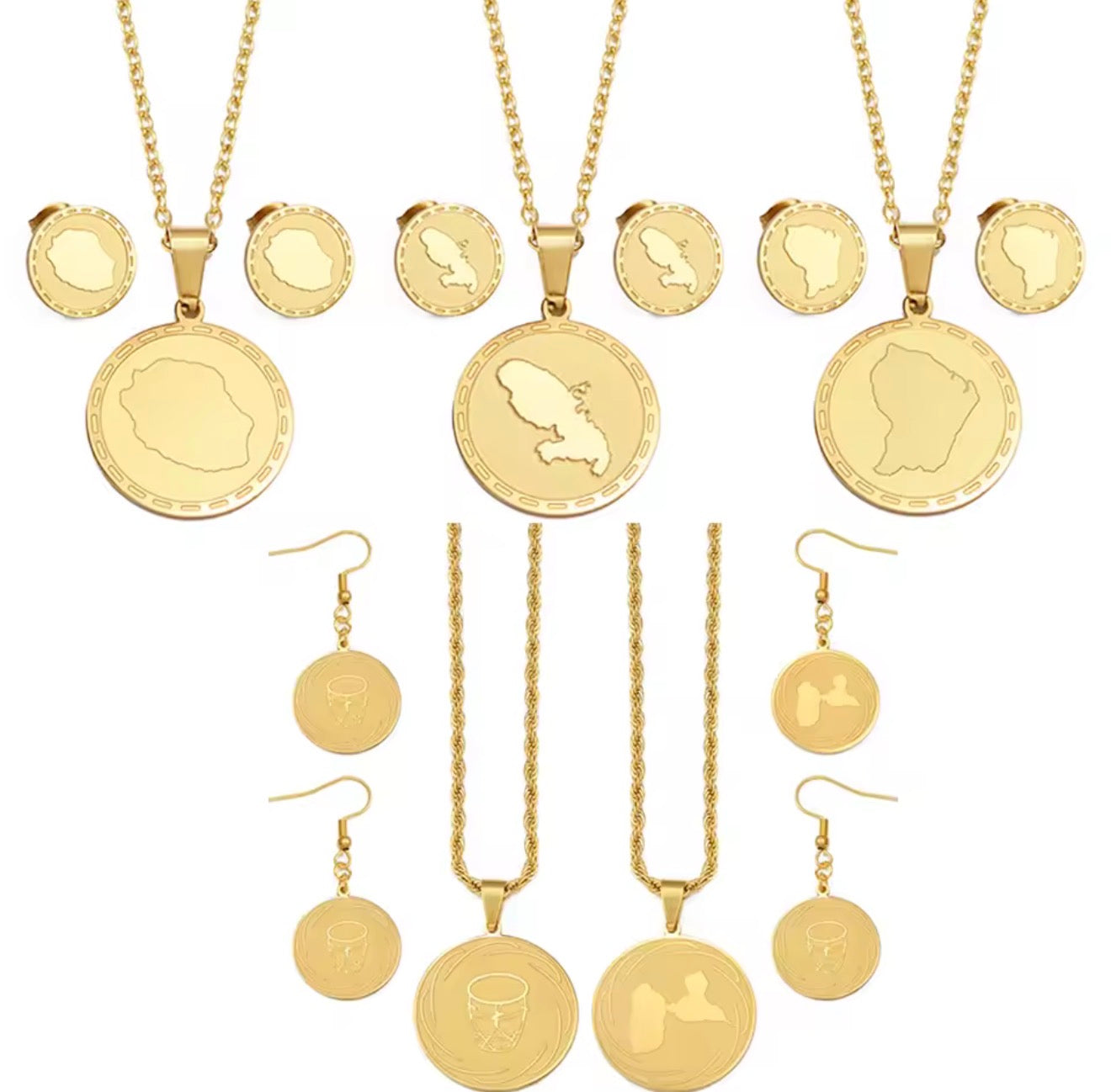 ✨ Ensemble de Parure Bijoux en Acier Inoxydable – Collier + Boucles d’Oreilles coffret « Pièce » Caraïbes
