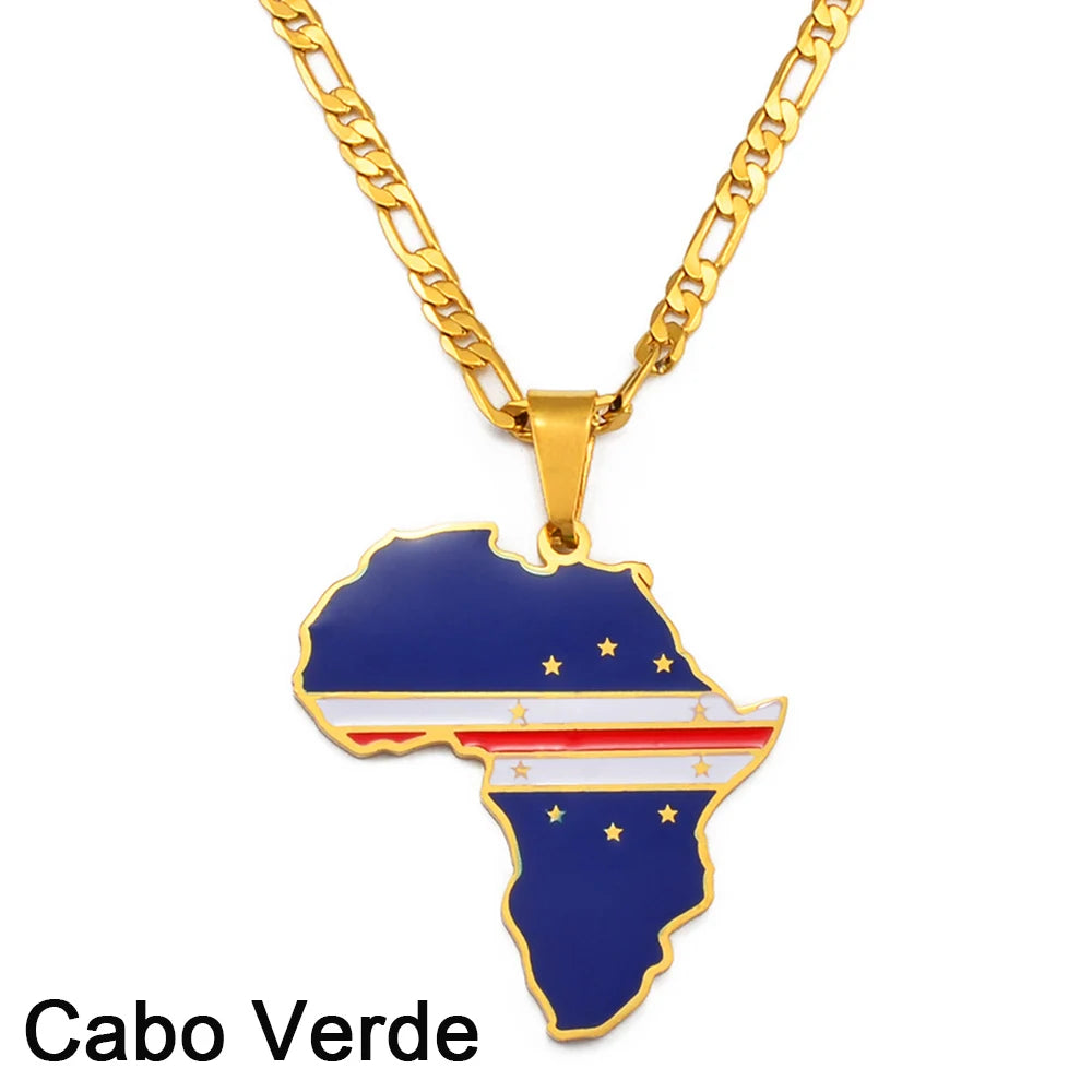 🌍 Collier + pendentif carte de l’Afrique au couleurs des drapeaux du Cap-Vert et du Gabon en Acier Inoxydable et Cuivre