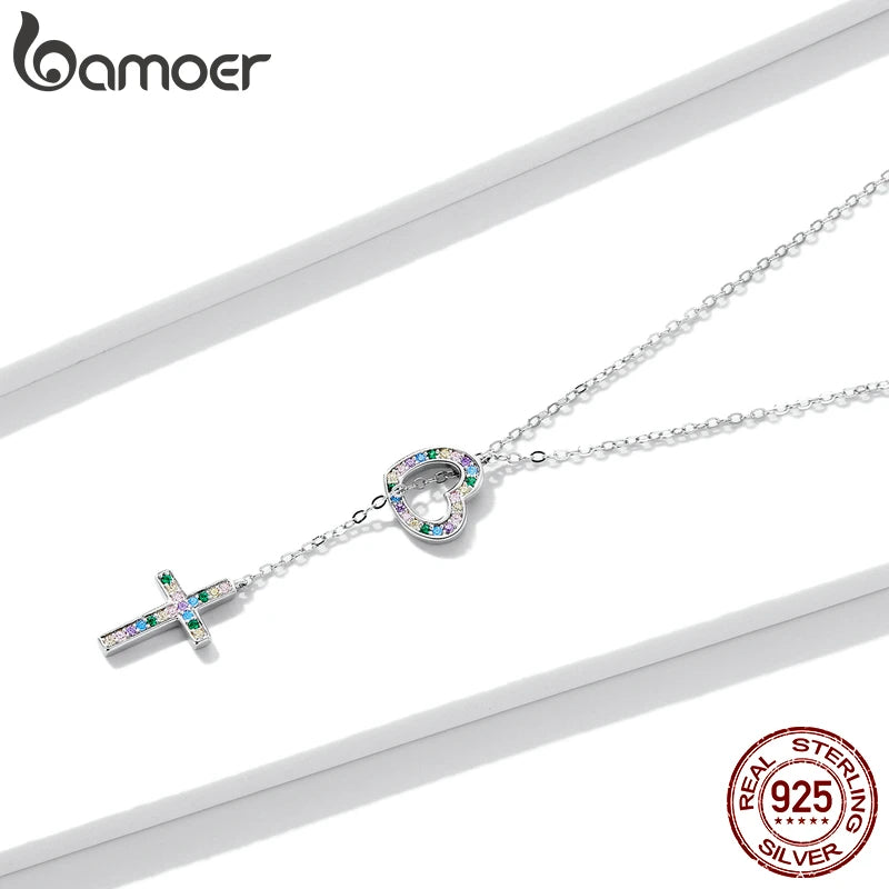 ✨✝️ Collier Chaîne + Pendentif Croix Diamant – Acier Inoxydable Argent