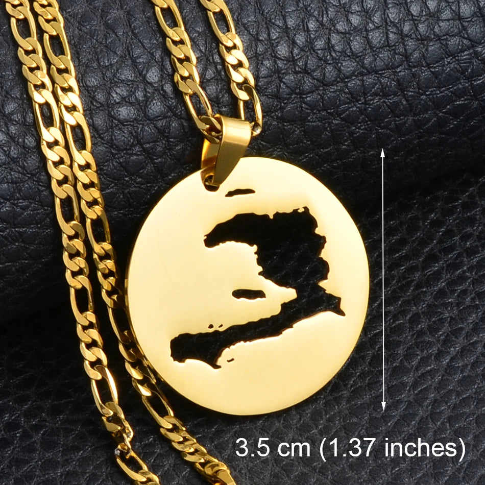 ✨🇭🇹 Collier Chaîne en Acier Inoxydable – Pendentif Rond Carte d’Haïti – 3 Tailles au Choix
