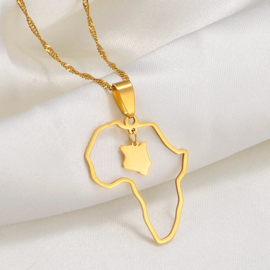 ✨🌍 Collier Chaîne en Acier Inoxydable – Pendentif Carte d’Afrique avec Pays Ghana,Nigeria,Congo,Zimbabwe,Liberia,Kenya,Angola,Jamaique,Ethiopie