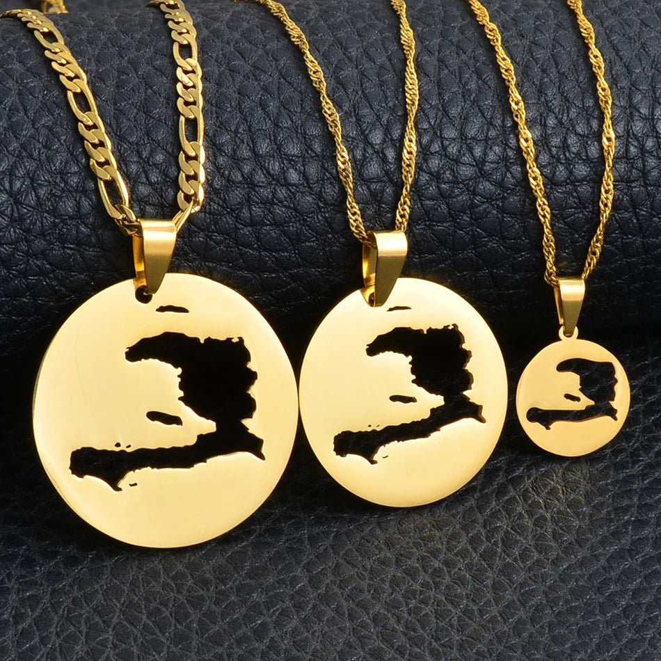 ✨🇭🇹 Collier Chaîne en Acier Inoxydable – Pendentif Rond Carte d’Haïti – 3 Tailles au Choix