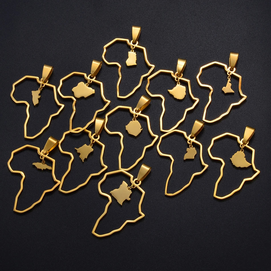 ✨🌍 Collier Chaîne en Acier Inoxydable – Pendentif Carte d’Afrique avec Pays Ghana,Nigeria,Congo,Zimbabwe,Liberia,Kenya,Angola,Jamaique,Ethiopie