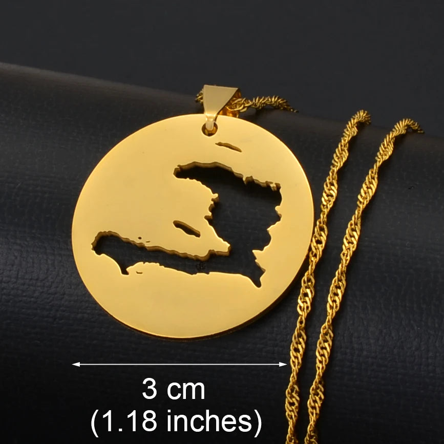 ✨🇭🇹 Collier Chaîne en Acier Inoxydable – Pendentif Rond Carte d’Haïti – 3 Tailles au Choix