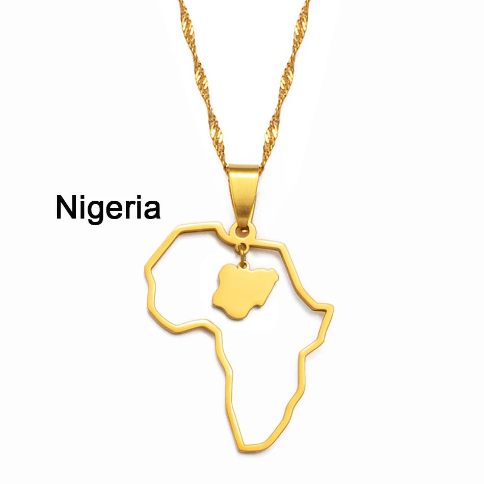 ✨🌍 Collier Chaîne en Acier Inoxydable – Pendentif Carte d’Afrique avec Pays Ghana,Nigeria,Congo,Zimbabwe,Liberia,Kenya,Angola,Jamaique,Ethiopie