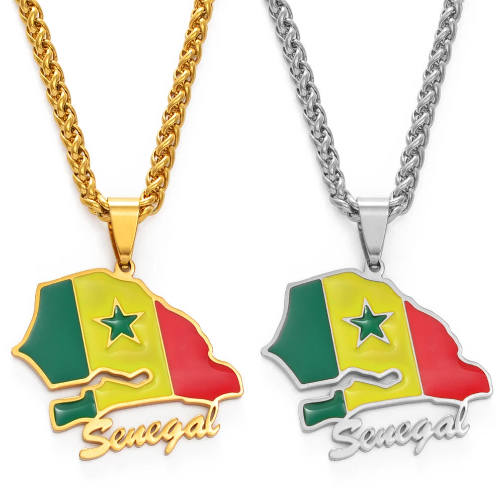🇸🇳✨ Collier Chaîne + Pendentif Carte du Sénégal – Acier Inoxydable Drapeau