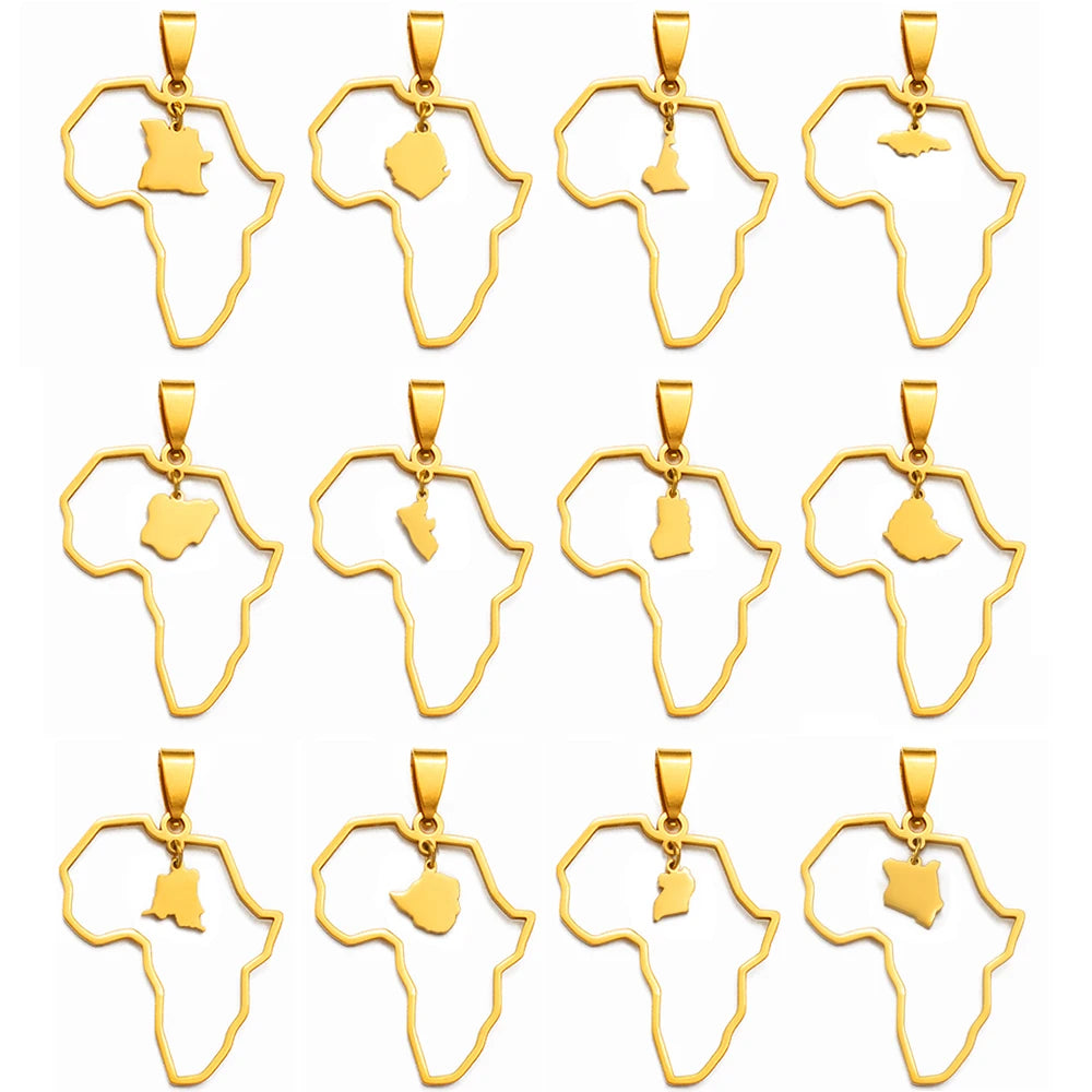✨🌍 Collier Chaîne en Acier Inoxydable – Pendentif Carte d’Afrique avec Pays Ghana,Nigeria,Congo,Zimbabwe,Liberia,Kenya,Angola,Jamaique,Ethiopie
