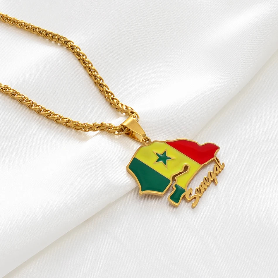 🇸🇳✨ Collier Chaîne + Pendentif Carte du Sénégal – Acier Inoxydable Drapeau