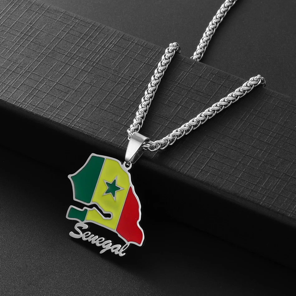🇸🇳✨ Collier Chaîne + Pendentif Carte du Sénégal – Acier Inoxydable Drapeau