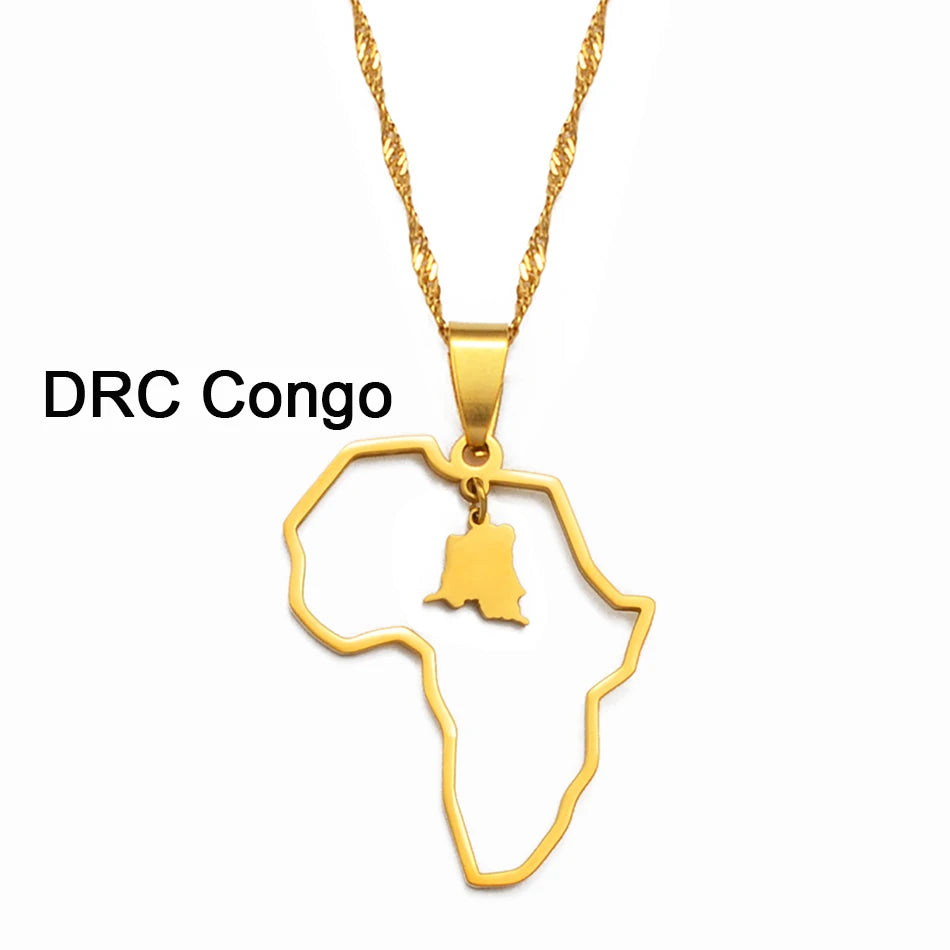 ✨🌍 Collier Chaîne en Acier Inoxydable – Pendentif Carte d’Afrique avec Pays Ghana,Nigeria,Congo,Zimbabwe,Liberia,Kenya,Angola,Jamaique,Ethiopie