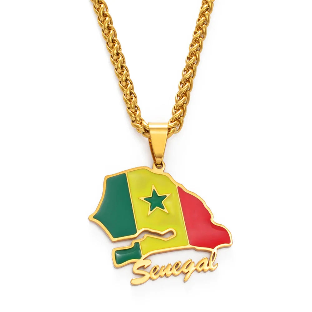 🇸🇳✨ Collier Chaîne + Pendentif Carte du Sénégal – Acier Inoxydable Drapeau