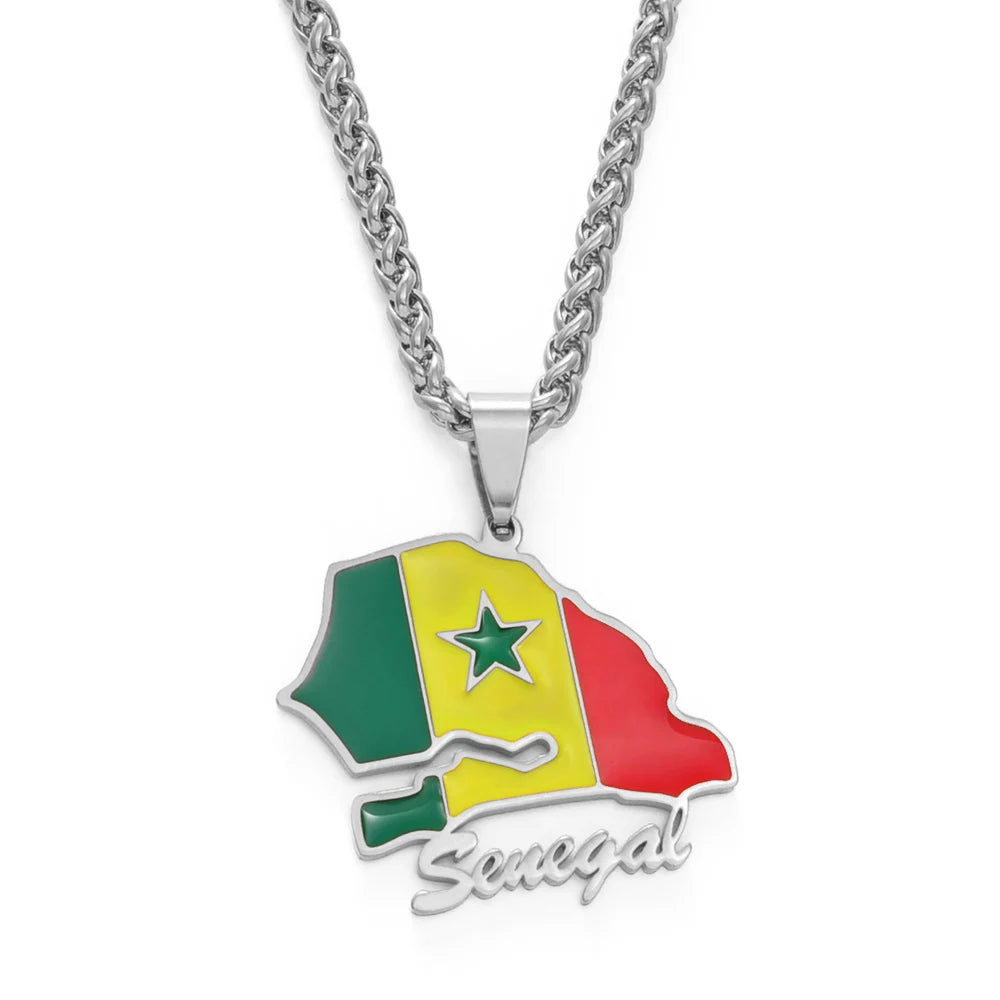 🇸🇳✨ Collier Chaîne + Pendentif Carte du Sénégal – Acier Inoxydable Drapeau