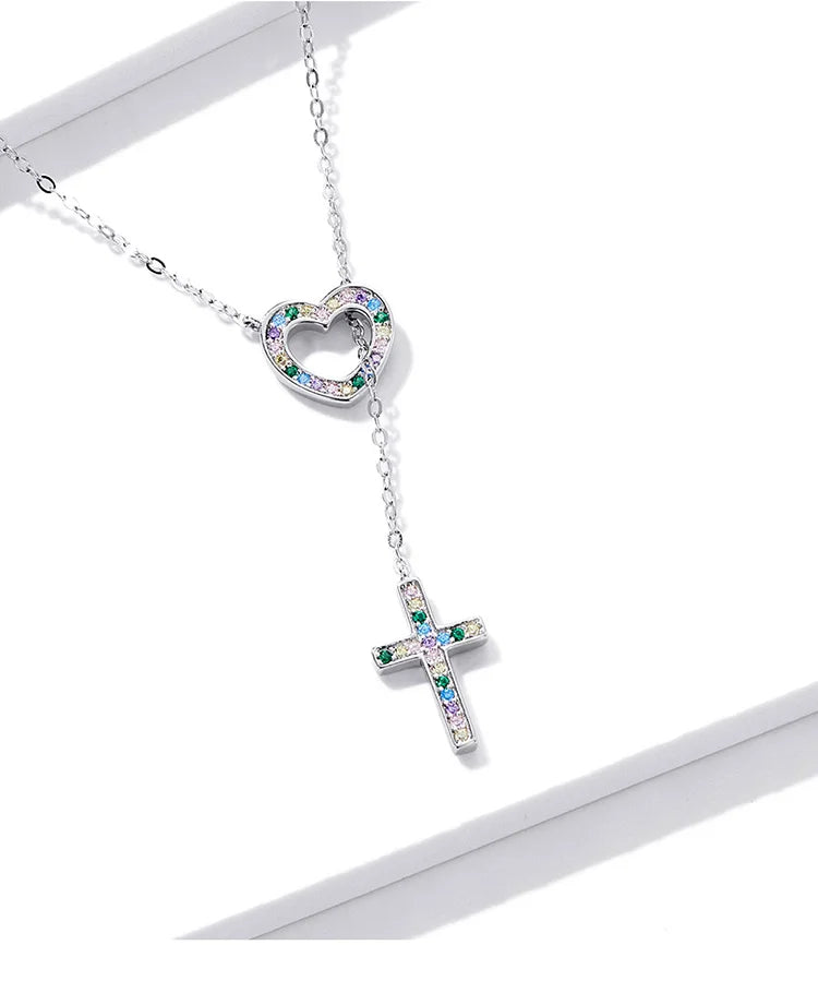 ✨✝️ Collier Chaîne + Pendentif Croix Diamant – Acier Inoxydable Argent
