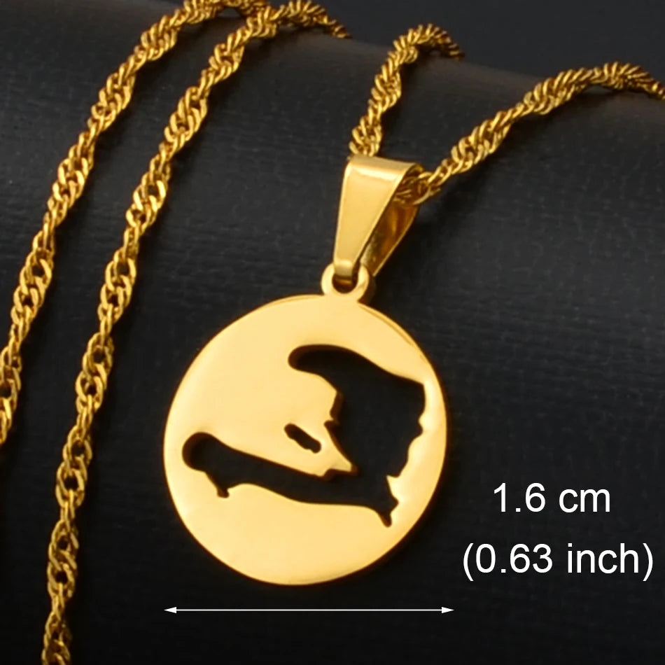 ✨🇭🇹 Collier Chaîne en Acier Inoxydable – Pendentif Rond Carte d’Haïti – 3 Tailles au Choix