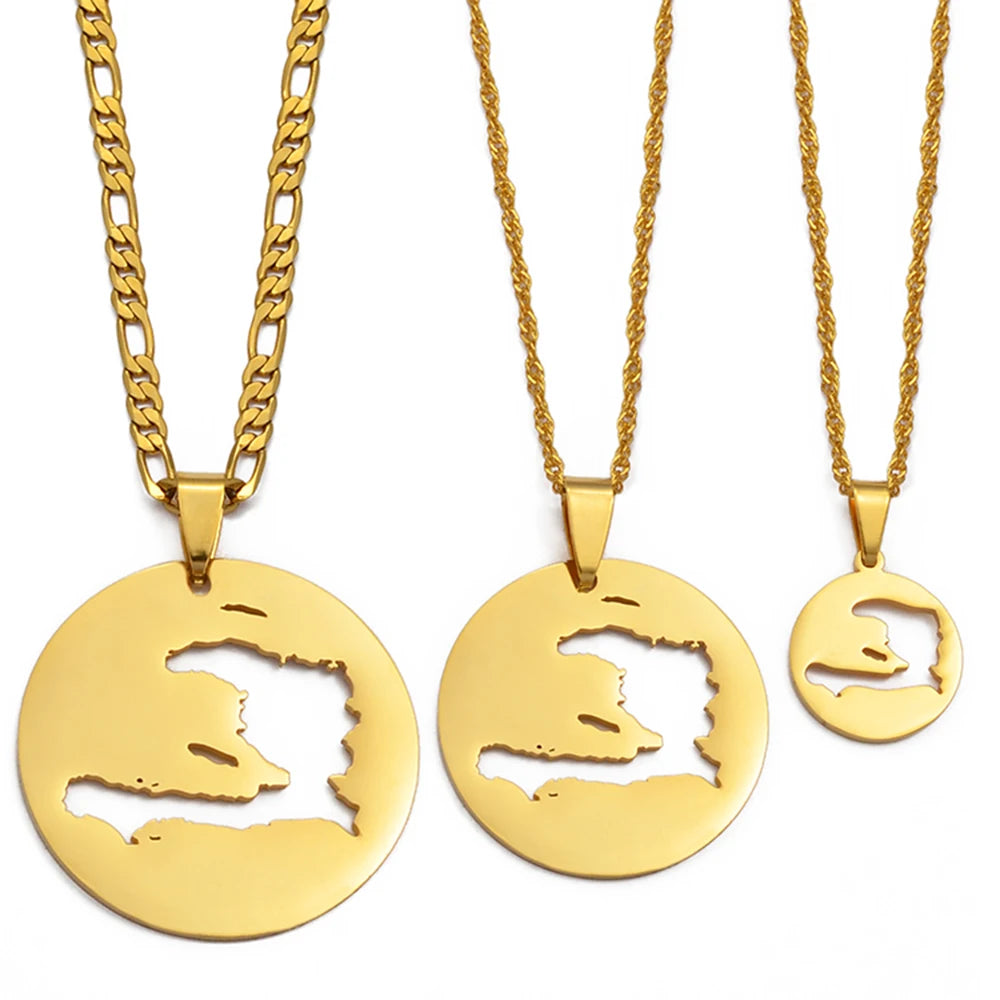 ✨🇭🇹 Collier Chaîne en Acier Inoxydable – Pendentif Rond Carte d’Haïti – 3 Tailles au Choix