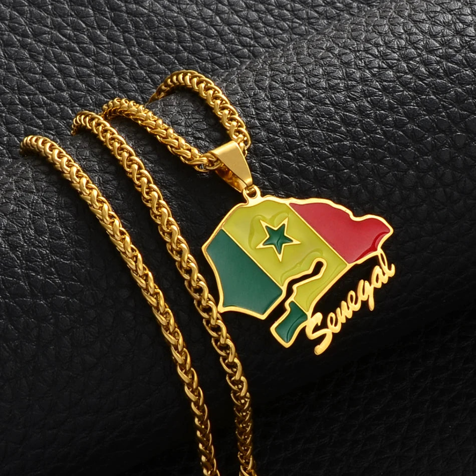 🇸🇳✨ Collier Chaîne + Pendentif Carte du Sénégal – Acier Inoxydable Drapeau