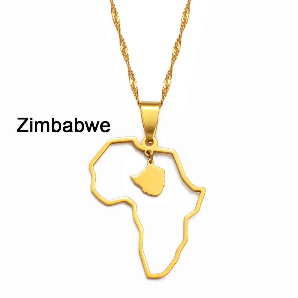✨🌍 Collier Chaîne en Acier Inoxydable – Pendentif Carte d’Afrique avec Pays Ghana,Nigeria,Congo,Zimbabwe,Liberia,Kenya,Angola,Jamaique,Ethiopie