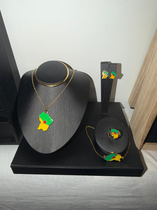 ✨ Ensemble de Parure Bijoux en Acier Inoxydable – Collier + Boucles d’Oreilles + Grande Bague + Bracelet Guadeloupe