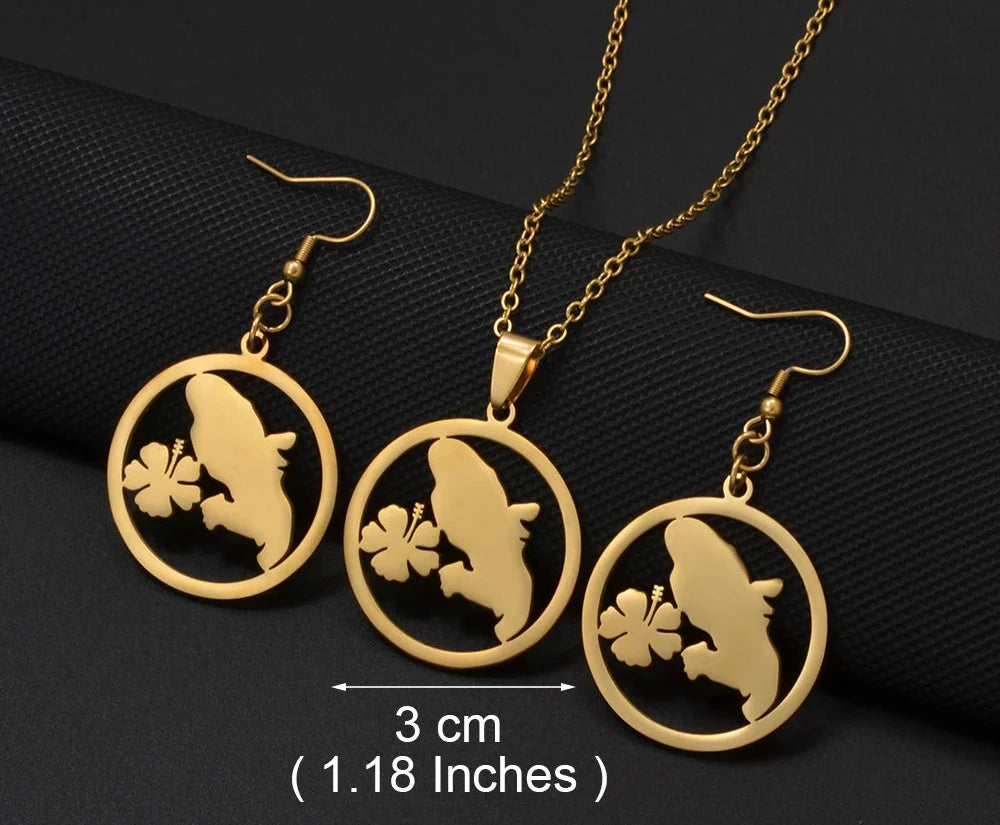 🇲🇶✨ Ensemble Collier & Boucles d’Oreilles – Carte de la Martinique & Fleurs en Acier inoxydable • Finition Or ou Argent