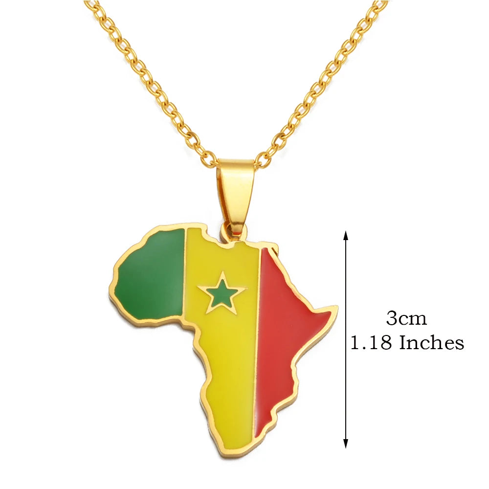 🌍 1. Collier + pendentif carte de l’Afrique au couleurs des drapeaux des pays Africains en Acier Inoxydable