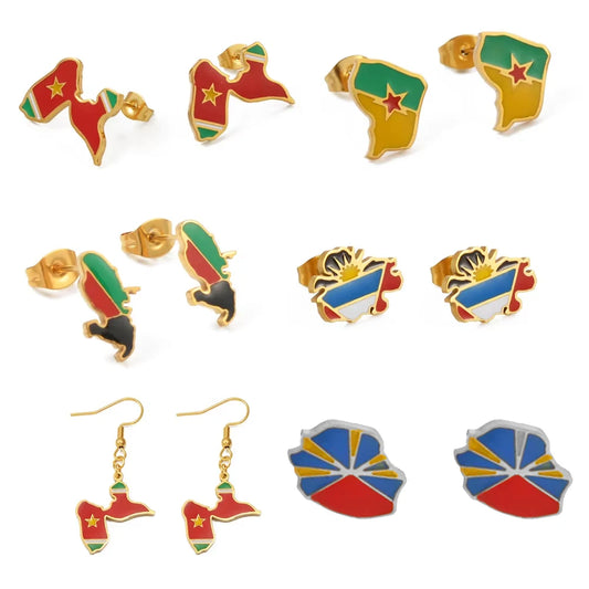 ✨ Boucles d’Oreilles en Acier Inoxydable – Carte de la Guadeloupe, Martinique 🇲🇶, Guyane 🇬🇫 & Réunion 🇷🇪
