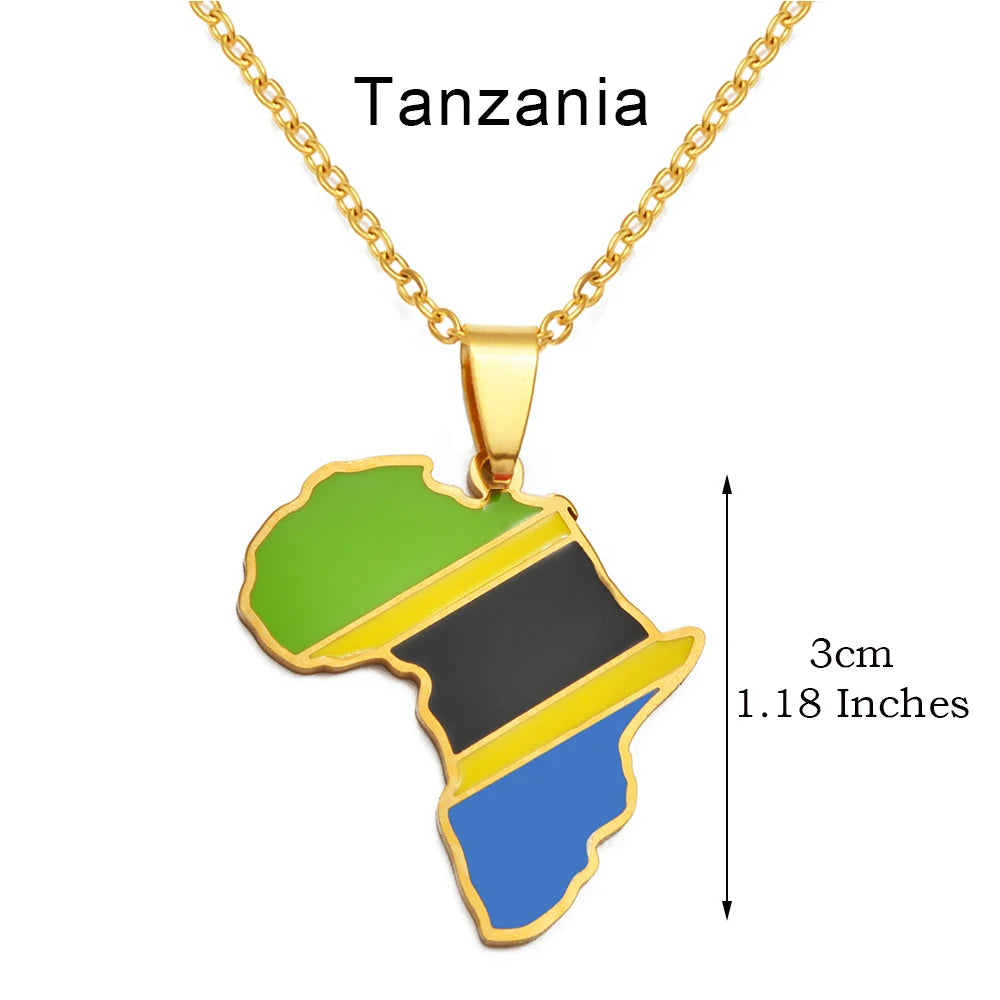 🌍 2. Collier + pendentif carte de l’Afrique au couleurs des drapeaux des pays Africains en Acier Inoxydable