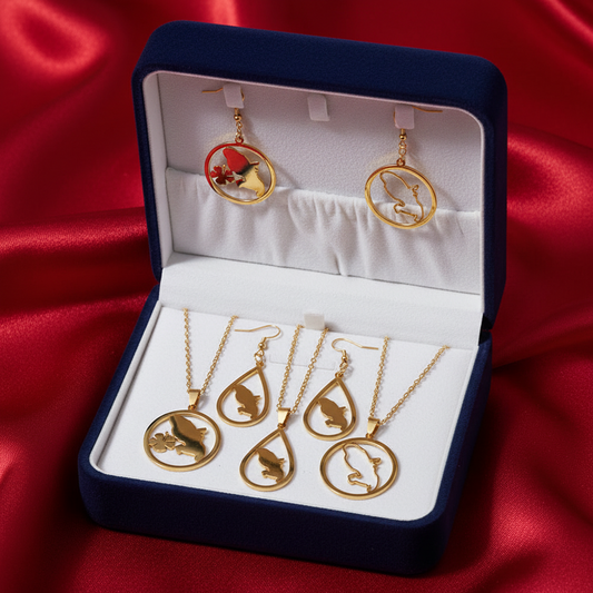 🇲🇶✨ Ensemble Collier & Boucles d’Oreilles – Carte de la Martinique & Fleurs en Acier inoxydable • Finition Or ou Argent