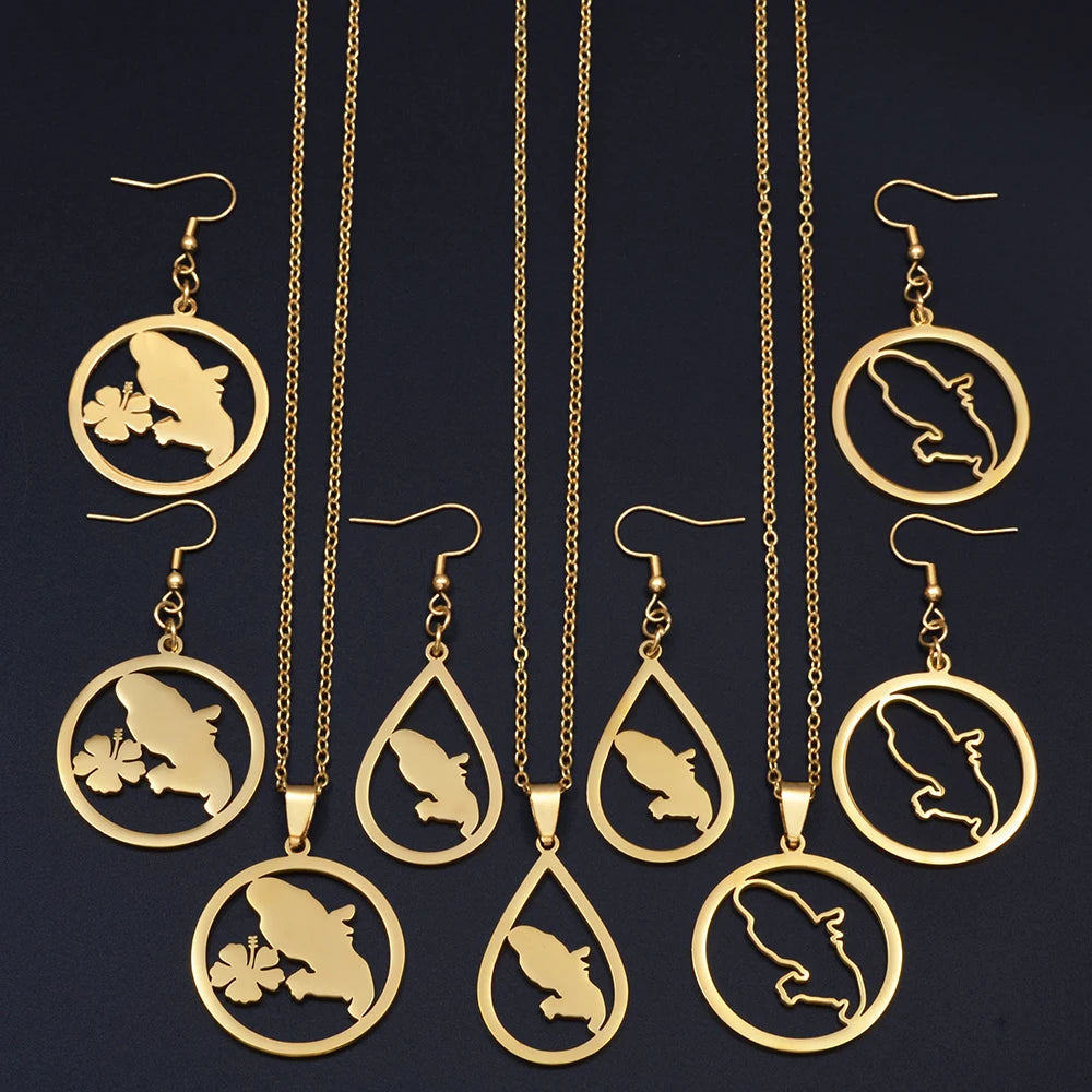 🇲🇶✨ Ensemble Collier & Boucles d’Oreilles – Carte de la Martinique & Fleurs en Acier inoxydable • Finition Or ou Argent