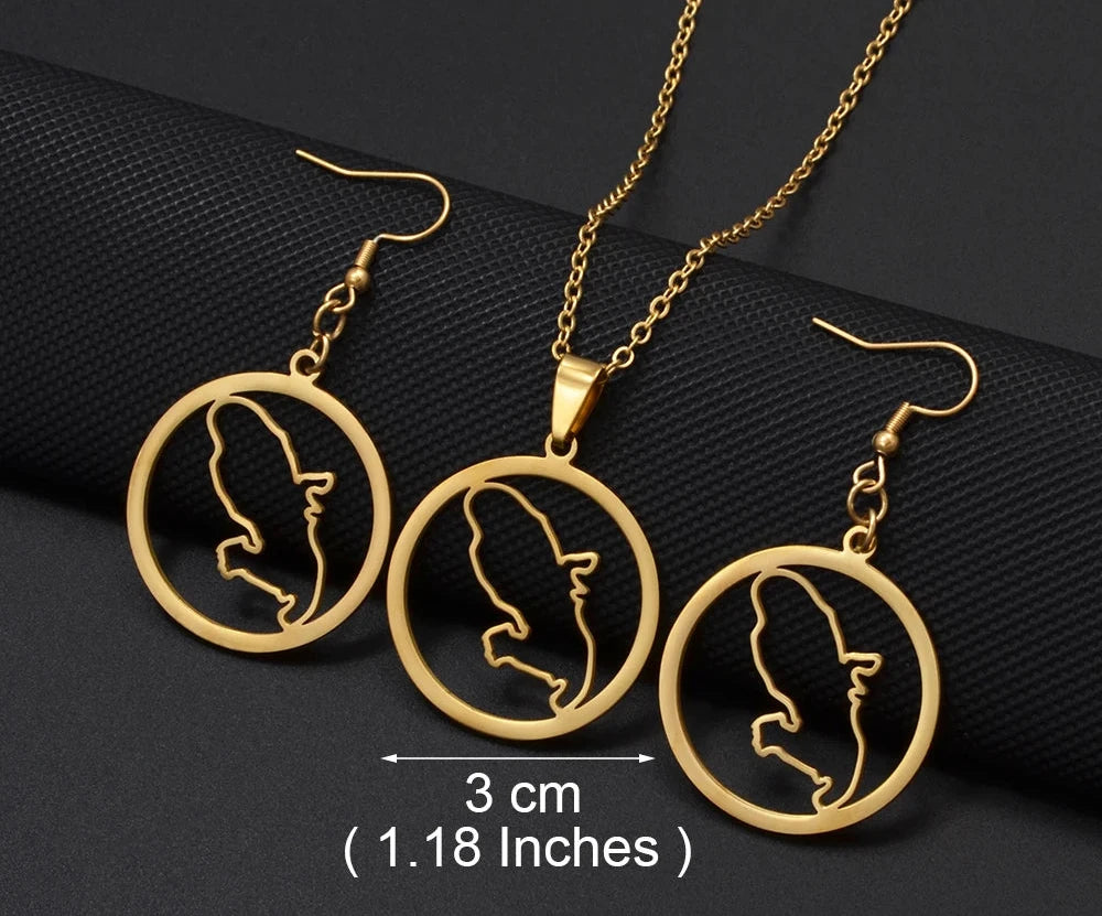 🇲🇶✨ Ensemble Collier & Boucles d’Oreilles – Carte de la Martinique & Fleurs en Acier inoxydable • Finition Or ou Argent