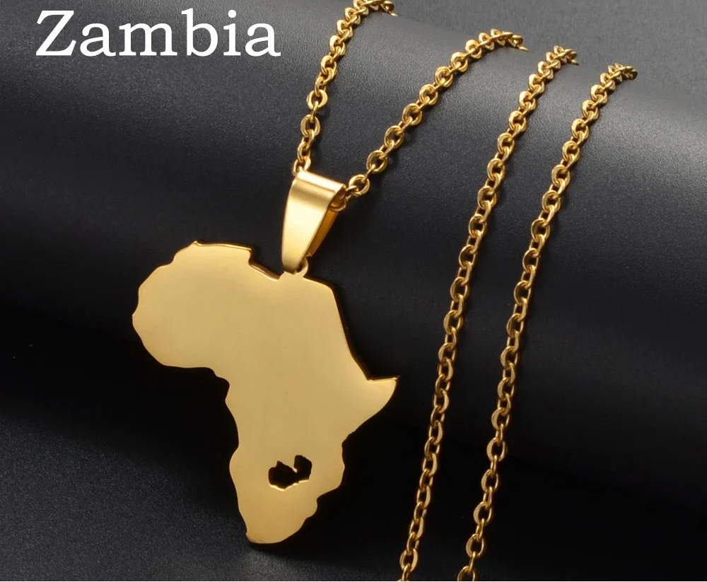 ✨🌍 Collier Chaîne en Acier Inoxydable – Pendentif Carte d’Afrique avec pays Kenya, Egypte, Libye et Zambie