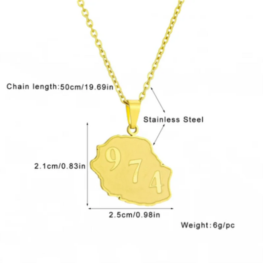 ✨ Collier + Pendentif la Réunion 974 en Acier Inoxydable