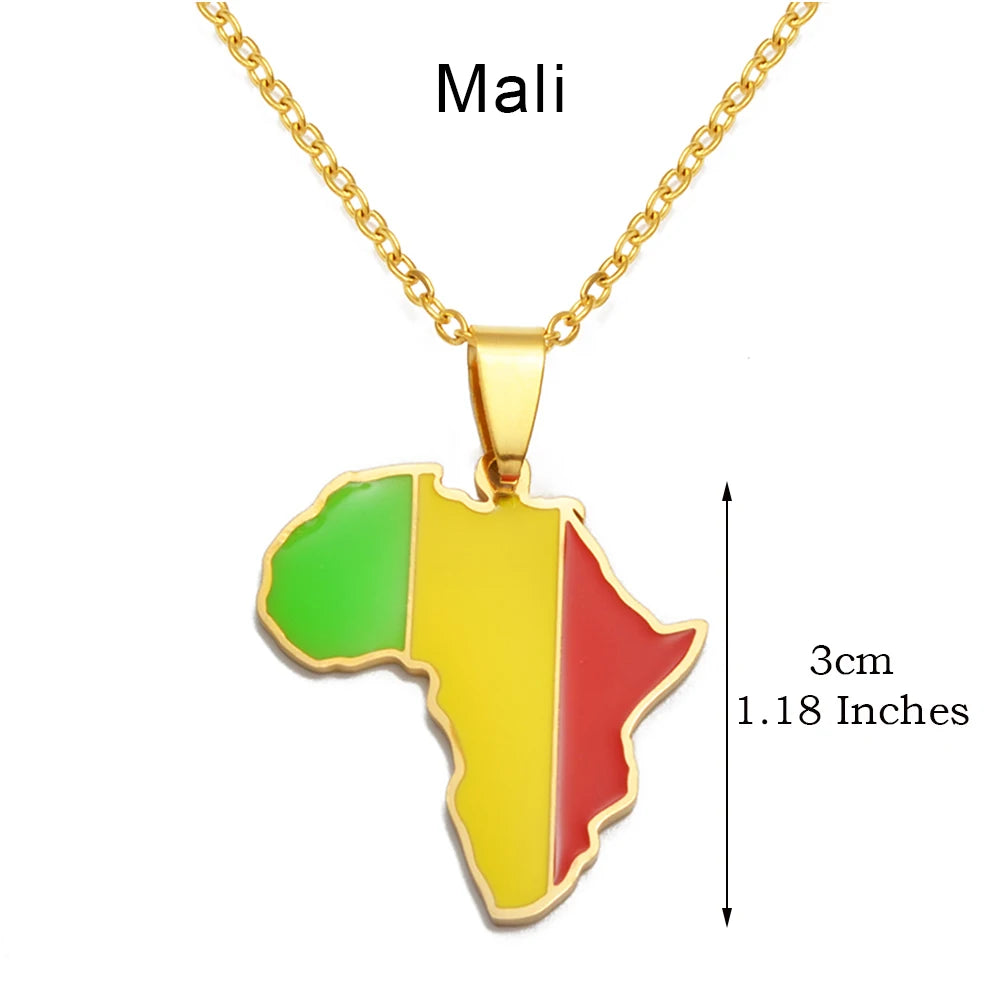 🌍 2. Collier + pendentif carte de l’Afrique au couleurs des drapeaux des pays Africains en Acier Inoxydable