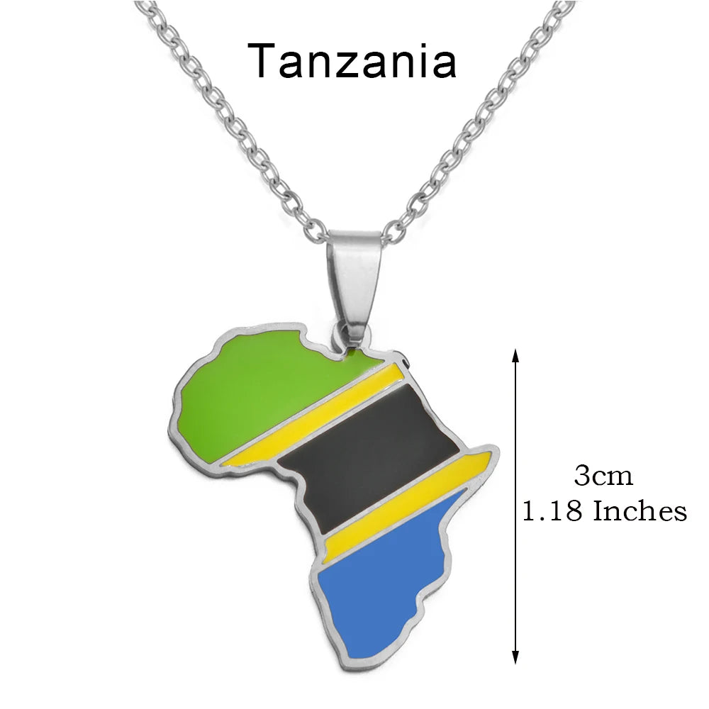 🌍 2. Collier + pendentif carte de l’Afrique au couleurs des drapeaux des pays Africains en Acier Inoxydable