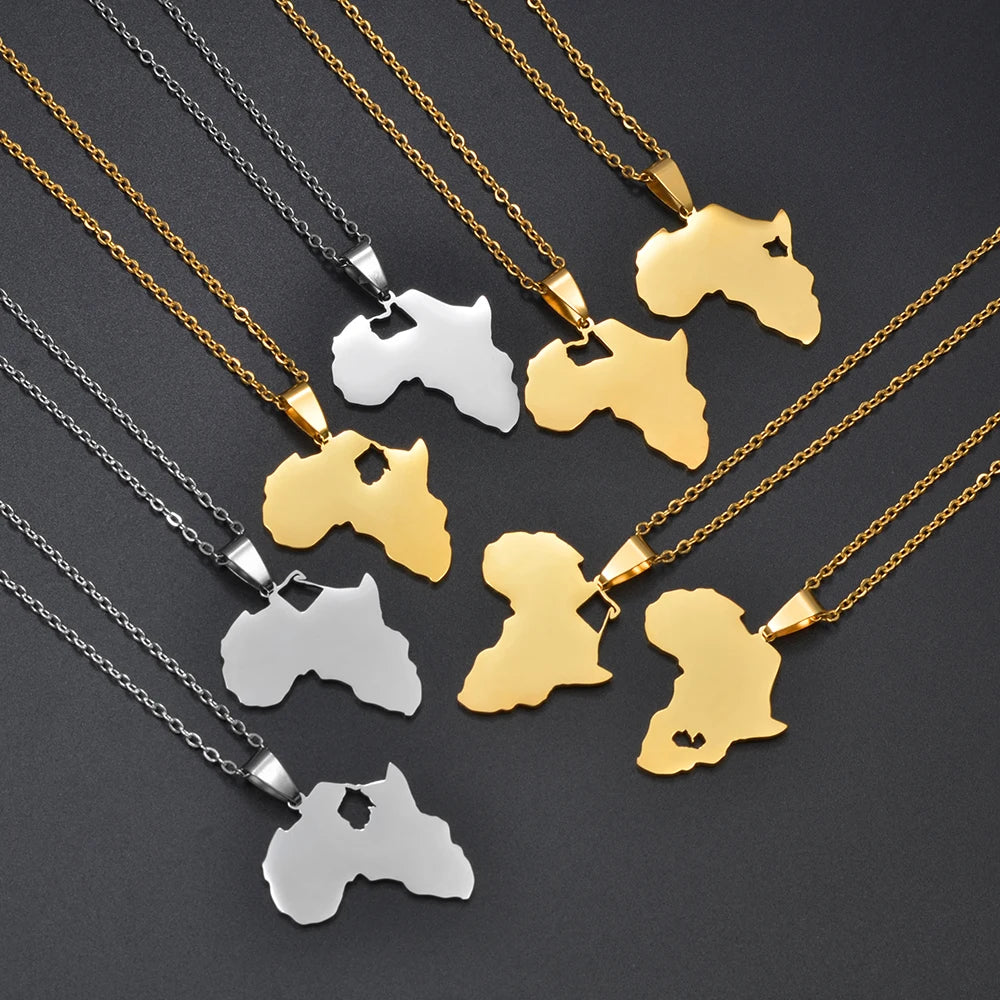 ✨🌍 Collier Chaîne en Acier Inoxydable – Pendentif Carte d’Afrique avec pays Kenya, Egypte, Libye et Zambie
