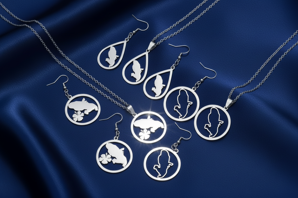🇲🇶✨ Ensemble Collier & Boucles d’Oreilles – Carte de la Martinique & Fleurs en Acier inoxydable • Finition Or ou Argent