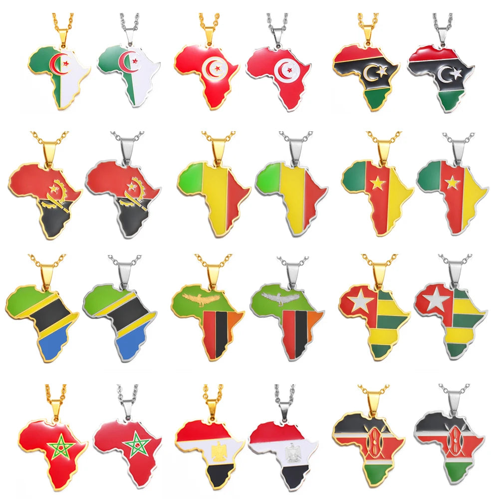🌍 2. Collier + pendentif carte de l’Afrique au couleurs des drapeaux des pays Africains en Acier Inoxydable