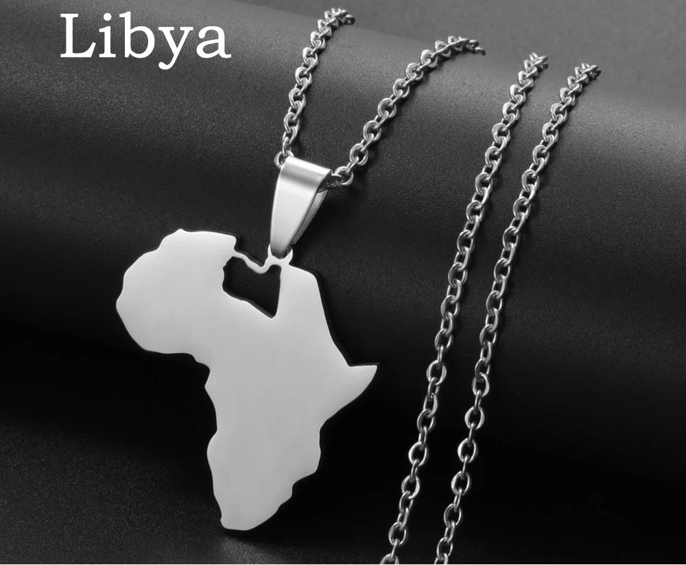 ✨🌍 Collier Chaîne en Acier Inoxydable – Pendentif Carte d’Afrique avec pays Kenya, Egypte, Libye et Zambie