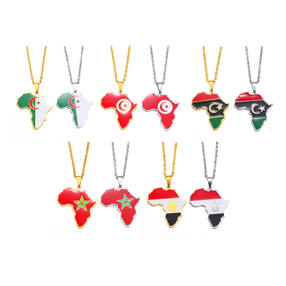 🌍 2. Collier + pendentif carte de l’Afrique au couleurs des drapeaux des pays Africains en Acier Inoxydable